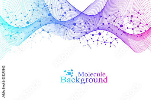 Scientific vector illustration genetic engineering and gene manipulation concept. DNA helix, DNA strand, molecule or atom, neurons. Abstract structure for Science or medical background. Wave flow