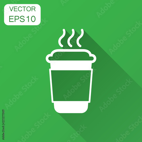 Coffee, tea cup icon in flat style. Coffee mug vector illustration with long shadow. Drink business concept.