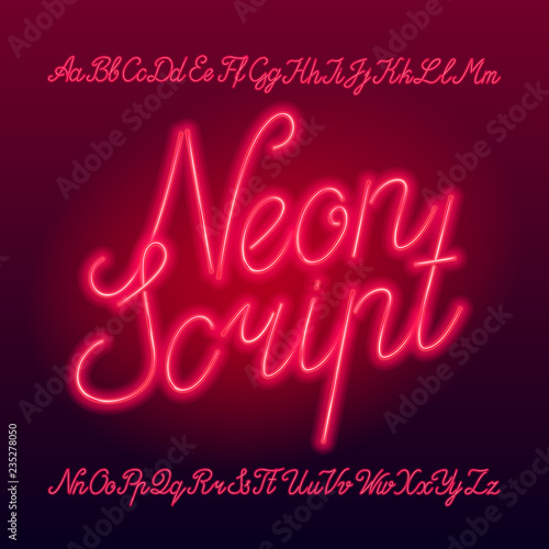 Neon script alphabet font. Neon color lowercase and uppercase letters, numbers and symbols. Stock vector typescript for your typography design.