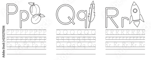 Writing practice of letters P,Q,R. Coloring book. Education for children. Vector illustration