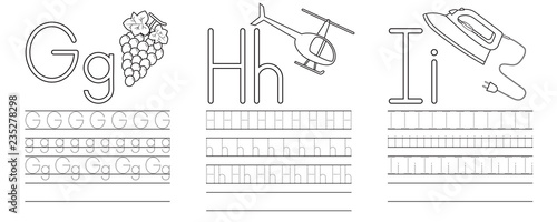 Writing practice of letters G,H,I. Coloring book. Education for children. Vector illustration