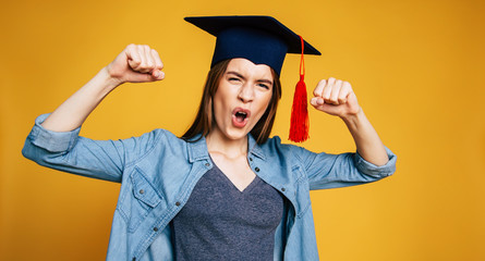 Study, education, university, college, graduate concept on banner. Happy and excited portrait of young student girl in hat of graduation isolated 