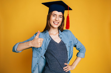 Study, education, university, college, graduate concept on banner. Happy and excited portrait of young student girl in hat of graduation isolated 