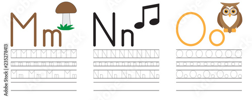 Writing practice of letters M,N,O. Education for children. Vector illustration