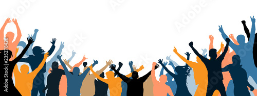 Crowd of people applauding. Isolated separate people, silhouette. Cheer audience. Party, applause. Fans dance concert, disco