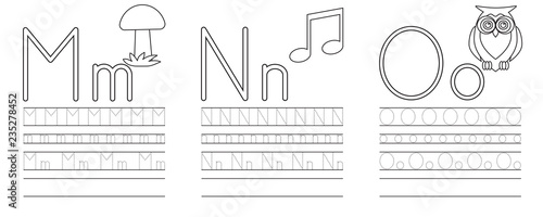Writing practice of letters M,N,O. Coloring book. Education for children. Vector illustration