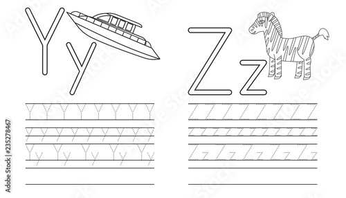Writing practice of letters Y,Z. Coloring book. Education for children. Vector illustration