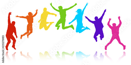 People in a jump, youth celebrating. Cheerful group of people, semicircle in the form of a rainbow. Colorful vector silhouette