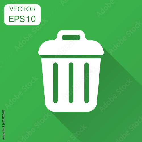 Trash bin garbage icon in flat style. Trash bucket vector illustration with long shadow. Garbage basket business concept.