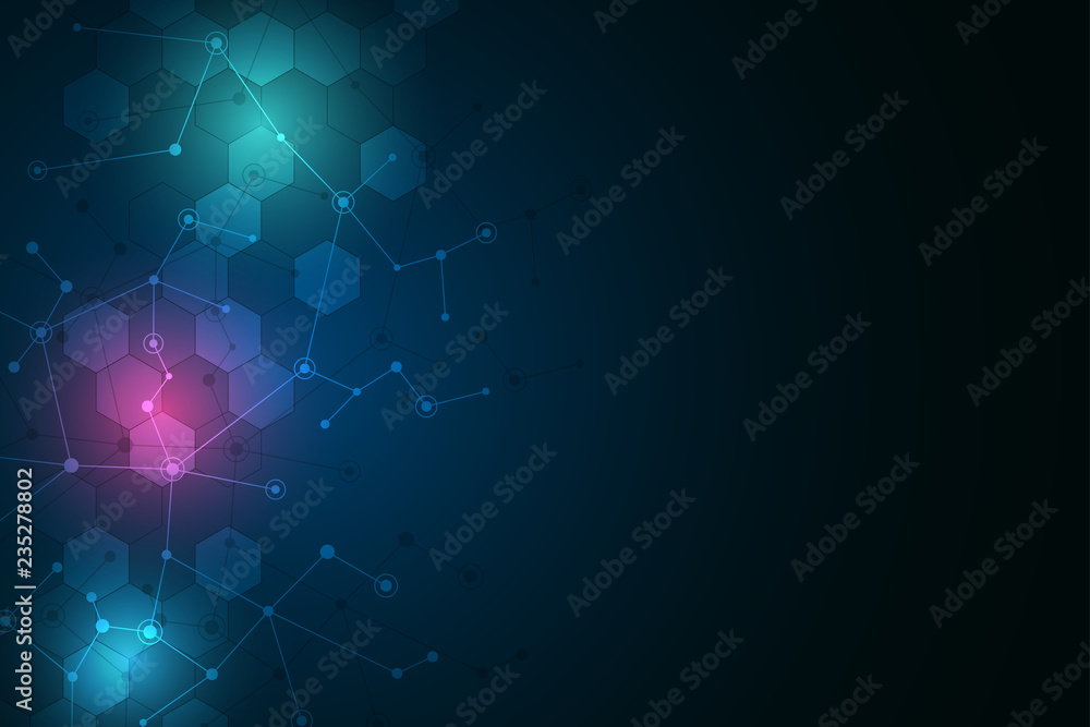 Molecular structure background and communication or neural network. Abstract background of molecules DNA. Medical, science and digital technology concept with connected lines and dots.
