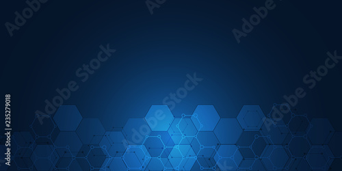 Molecular structures and hexagons elements. Abstract geometric background with molecules and communication. Hexagons pattern for medical or scientific and technological design.