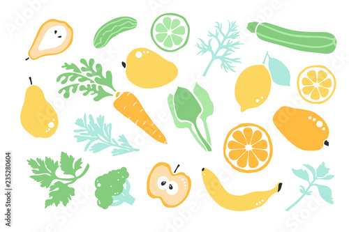 Vegan healty food. Detox. Set fruit, vegetables, greenery. Vector illustration. 