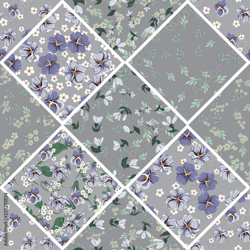 Seamless colorful pattern with leaves and bellflowers, violet leaves, violaceous flowers and small white simple flowers on a gray background in patchwork style, textile print
