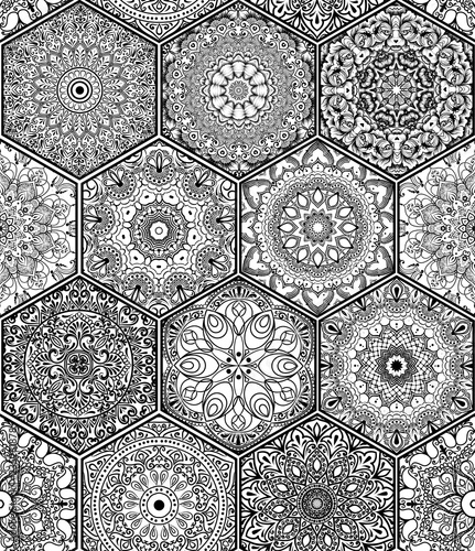 Oriental seamless pattern in colorful boho chic style with mandala in hexagon elements, patchwork imitation