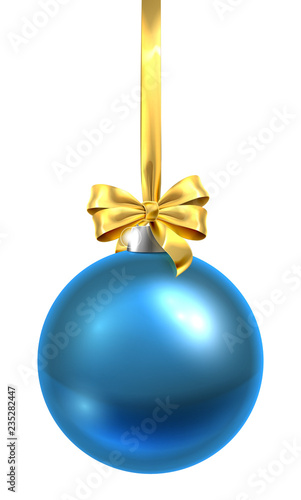 A bauble Christmas ball glass ornament in blue with a golden bow and ribbon