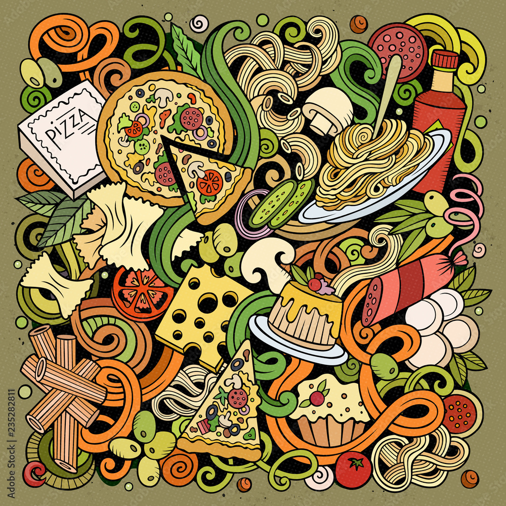 Cartoon color vector doodles Italian Food illustration