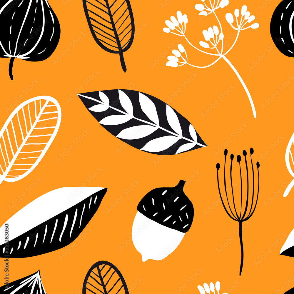 Vector seamless pattern with doodle leaves - obrazy, fototapety, plakaty 
