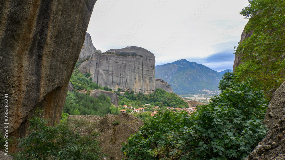 Meteors or Meteora, panoramic view from the plateau to the valley of Thessaly