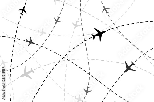 Lots of black planes on dashed traces on white background