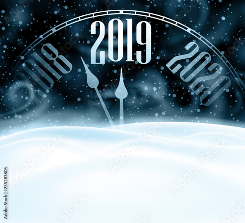 Happy New Year 2019 card with clock, snow and blizzard.