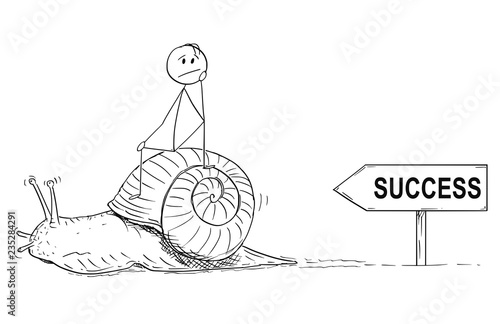 Cartoon stick drawing conceptual illustration of frustrated man or businessman sitting on the shell of snail and moving slow. Metaphor of slow progress and long waiting for success.
