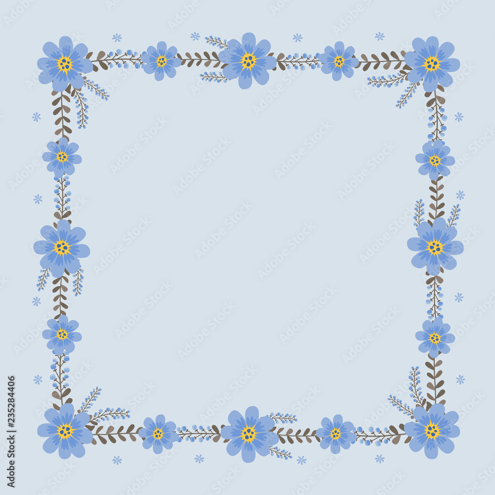 Floral greeting card and invitation template for wedding or birthday anniversary, Vector shape of text box label and frame, Blue cosmos flowers wreath ivy style with branch and leaves. Floral greeting card and invitation template for wedding or birthday anniversary, Vector shape of text box label and frame, Blue cosmos flowers wreath ivy style with branch and leaves.