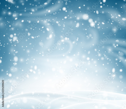 Blue shiny background with winter landscape, snow and blizzard.