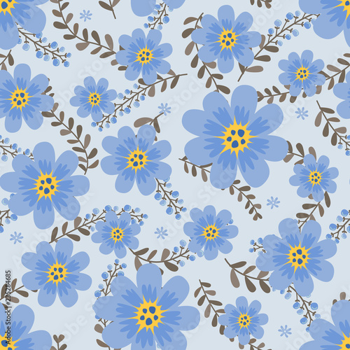 Floral vector artwork for apparel and fashion fabrics  Blue cosmos flowers wreath ivy style with branch and leaves. Seamless patterns background.