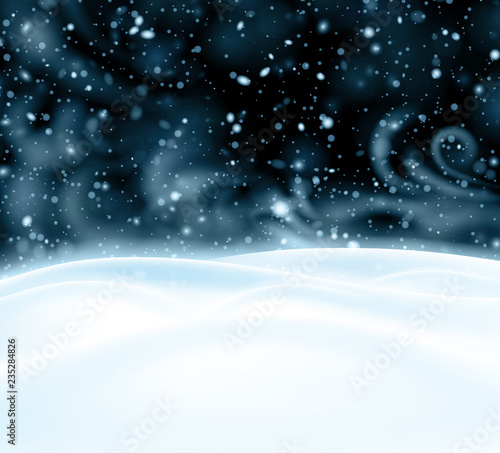 Background with night winter landscape, snow and blizzard.