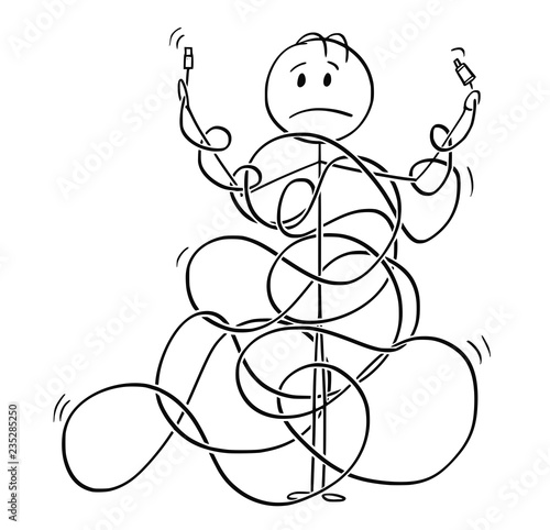 Cartoon stick drawing conceptual illustration of man or technician tangled in cord, line or cable. Metaphor of technology complexity.