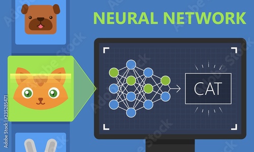 Neural networks, deep learning. Image recognition. Vector flat illustration.