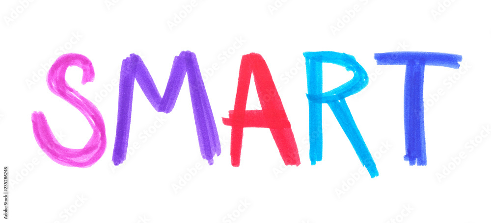 Word "smart" hand written in bright highlighter felt tip pen on clean white background - obrazy, fototapety, plakaty 