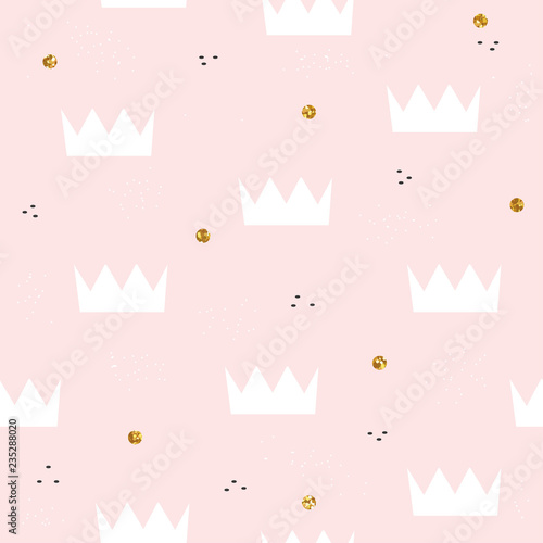 Cute pastel seamless pattern with crown and gold glitter dots. Kids print. Vector hand drawn illustration.