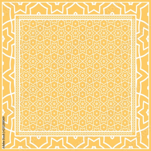 Design print for kerchief. The pattern of geometric floral ornament. Vector illustration. The idea for design prints for neck scarves, carpets, bandanas