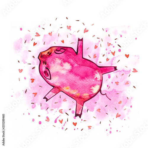 Funny pig. Isolated on white. Cute watercolor illustration. Symbol of the year in the Chinese calendar.