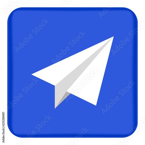 Vector image of a plane paper plane icon on a blue background. Button with a paper plane