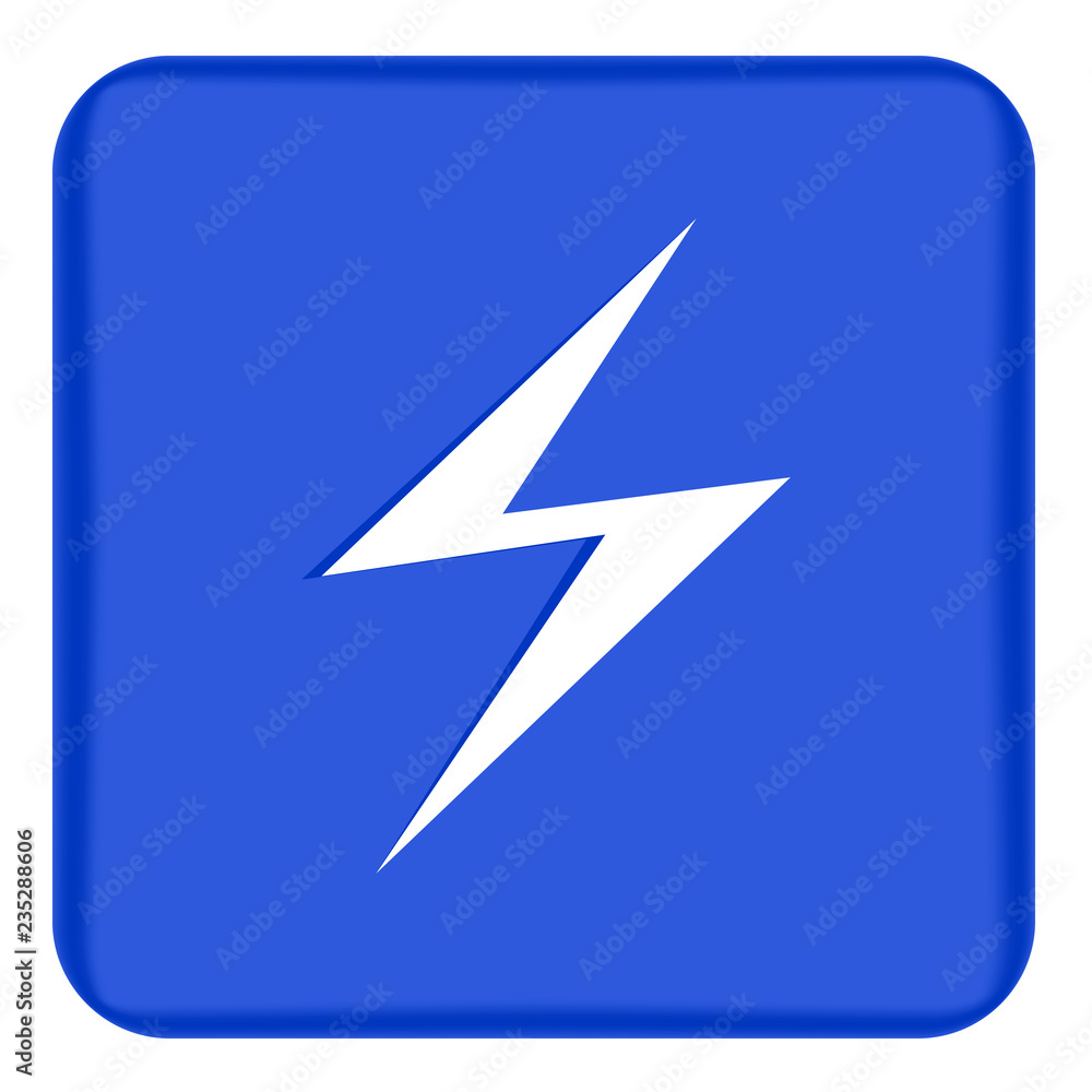 Vector image of a flat lightning icon on a blue background. Blue button with white lightning Vector image of a flat lightning icon on a blue background. Blue button with white lightning