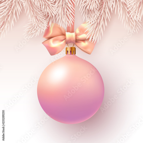 Christmas and New Year card with fir branches and pink 3d Christmas ball.