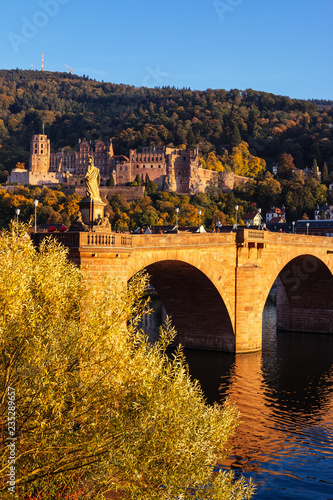 Blick auf die alte Brücke mit dem Schloss im Hintergrund in Heidelberg