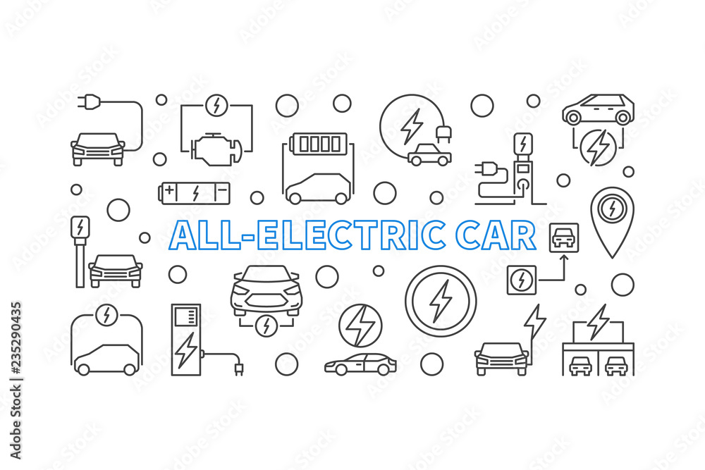 All-electric car horizontal outline banner. Vector illustration made with electric car linear icons All-electric car horizontal outline banner. Vector illustration made with electric car linear icons