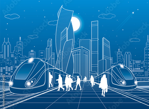 Two trains at railway station. Passengers on platform. Modern night town. Urban transportation illustration. City life scene. White lines on blue background. Vector design art