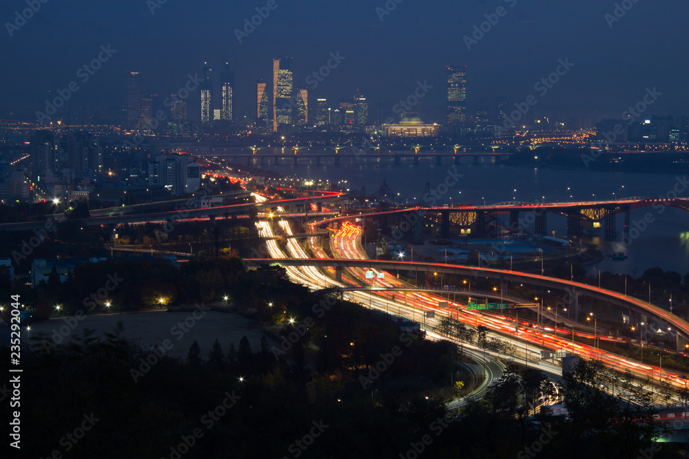 Long exposure shot of Night view of a part of Seoul, South Korea