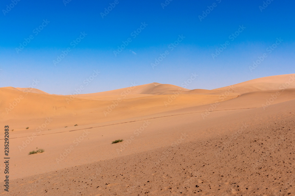 The sand dunes at the Echoing Sand Mountain near the city of Dunhuang, in the Gansu Province, China.
