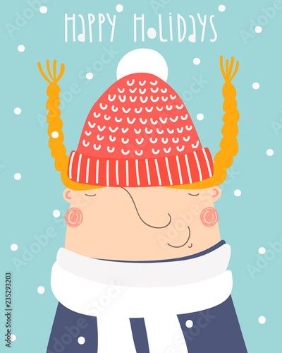 Smiling girl in the snow. Hand drawn winter illustration in vector.