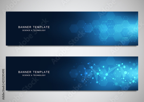 Vector banners and headers for site with molecules background and neural network. Genetic engineering or laboratory research. Abstract geometric texture for medical, science and technology design.