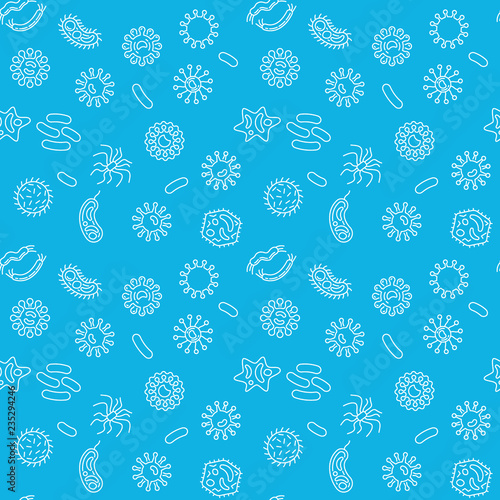 Microbiology vector blue seamless pattern or background in thin line style