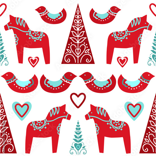 Seamless vector pattern with horses and birds in scandinavian folk style.