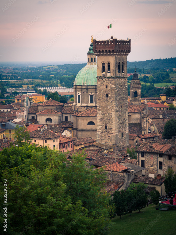 View of the medieval tower and the dome of the Cathedral in Lonato.