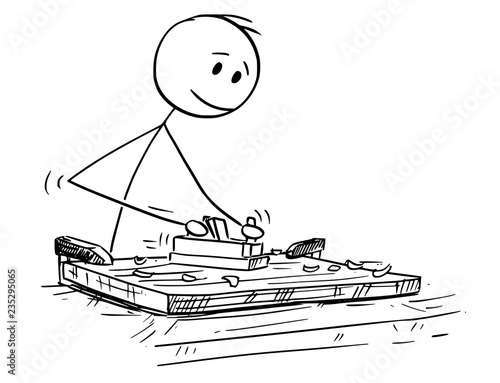 Cartoon stick drawing conceptual illustration of joiner or carpenter working with wood and jack plane.