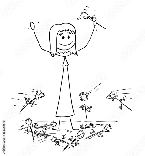Cartoon stick drawing conceptual illustration of woman on stage to who was given standing ovation and flowers are thrown from audience. Metaphor of success.